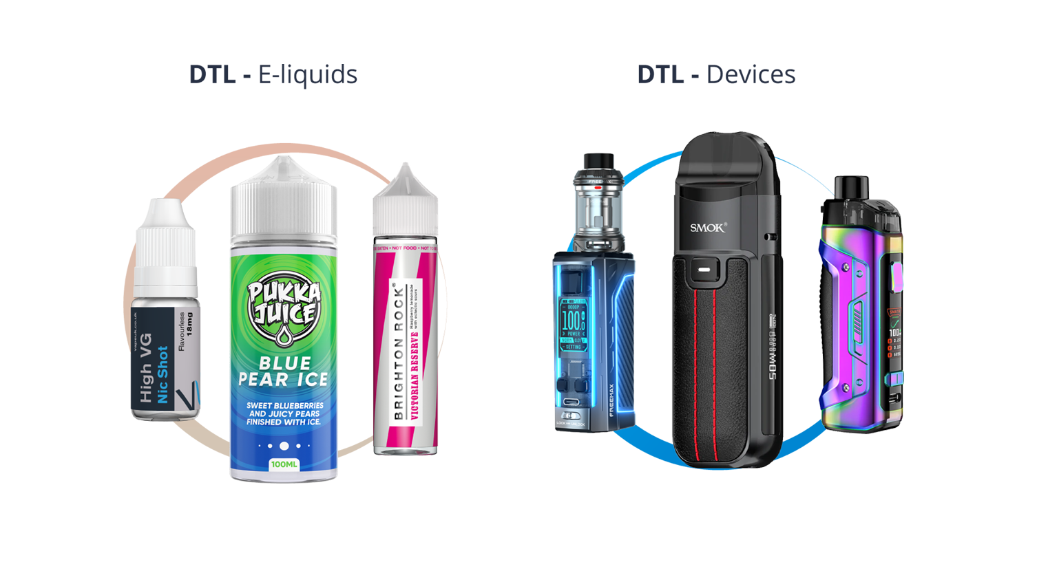 Image of common DTL vaping e-liquids and devices